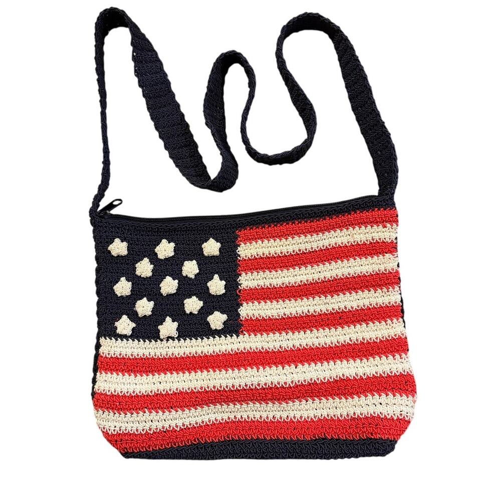 Vintage Purse Shoulder American Flag Tote Red White Blue Patriotic Crocheted